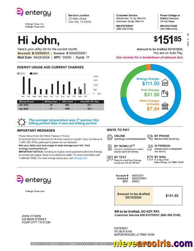 USA Texas entergy utility bill 2pages in PSD format page 1